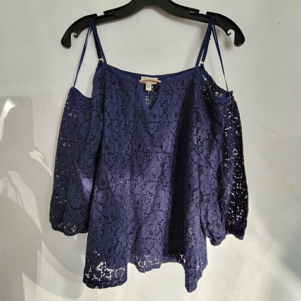 Lily White Navy Blue Floral Lace Cold Shoulder 3/4 Sleeve Blouse Top Size Small